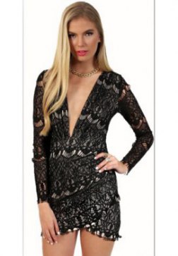 Enchanting Long Sleeve Lace V Neck Clubwear Mini Dress