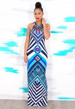 Tribal Print Halter Backless Slit Sexy Maxi Dress