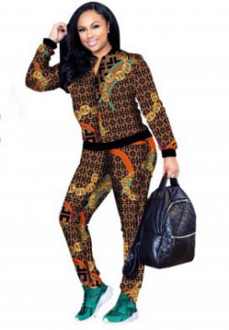 Women's Sexy Long Sleeve Bodycon Zip Up Print 2 Piece Set