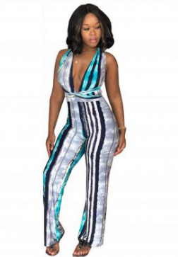 Sexy Stripes Jumpsuits Backless Sleeveless High Waist Wide Leg Long Pants