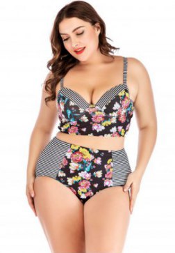 Plus Size Striped And Flower Underwire Two Piece Swimsuit
