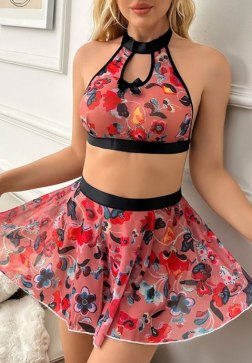 Floral Print Contrast Mesh Lingerie Set
