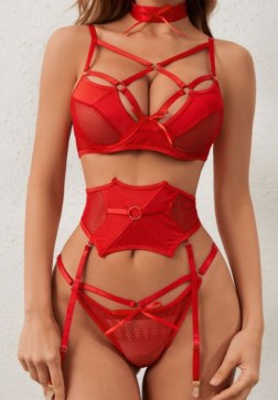 Classic Sexy Mesh O-ring Detail Crisscross Front Garter Thong Lingerie Set