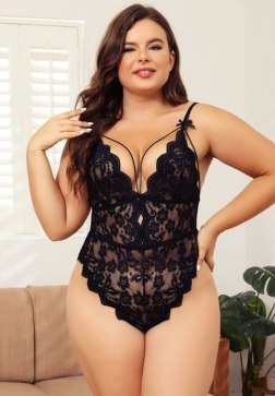 Plus Size Lingerie for Women - Sexy Strappy Harness Top Lace Bodysuit Naughty Bottom Teddy Outfit