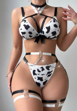 Bold Cow Print Lingerie Set with Heart Details