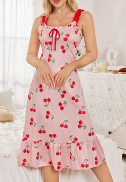 Charming Cherry Print Ruffle Trim Lingerie Dress