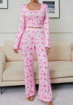 Charming Pink Floral Print Lingerie Set