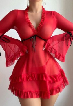 Elegant Deep V-Neck Red Sheer Chemise with Flared Sleeves
