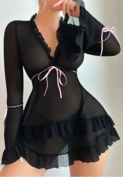 Elegant Ruffled Sheer Lingerie Set with Pink Ribbon Ties