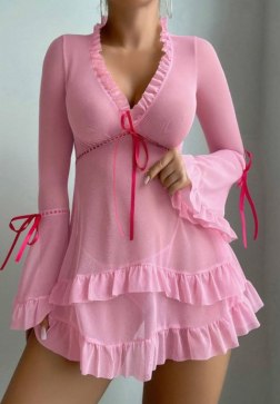 Romantic Pink Ruffle Trim Lingerie Set