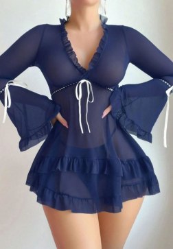 Elegant Deep V-Neck Navy Mesh Intimate Set