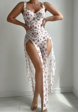 Seductive High-Slit Floral Lingerie Ensemble