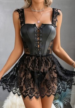 Elegant Faux Leather and Lace Ensemble