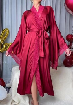 Elegant Lace Trim Satin Robe
