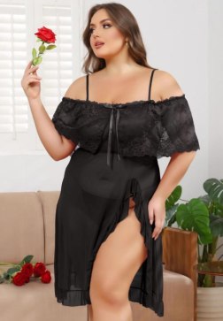 Plus Size Stylish Black Lace Detail Chemise