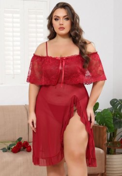 Plus Size Elegant Red Lace Off-the-Shoulder Set