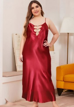 Plus Size Elegant Burgundy Satin Slip Dress with Cutout Detail