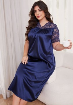 Plus Size Sensual Navy Blue Satin and Lace Sleep Dress
