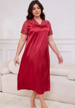 Plus Size Charming Burgundy Satin and Lace Sleepwear