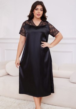Plus Size Charming Black Satin and Lace Sleepwear