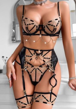 Seductive Black and Gold Embroidered Lingerie Set
