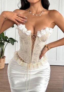 Elegant Ivory Corset Bustier with 3D Floral Appliqué