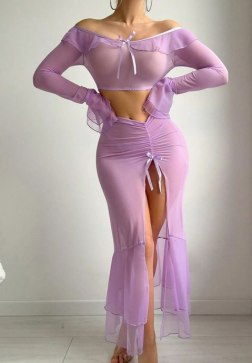 Glamorous Lilac Mesh Lingerie Set with Off-Shoulder Top