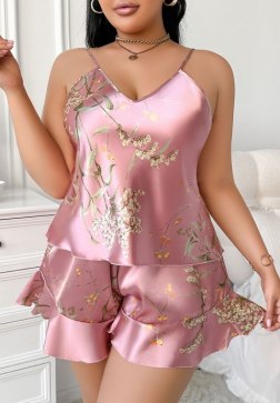 Stylish Pink Floral Satin Loungewear Ensemble