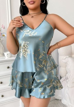 Charming Floral Print Satin Camisole and Shorts Set