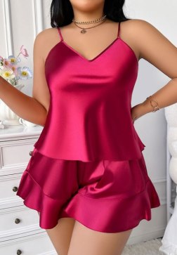 Stylish Red Satin Loungewear Ensemble with Ruffles