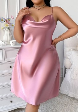 Comfortable Pink Satin Loungewear Dress