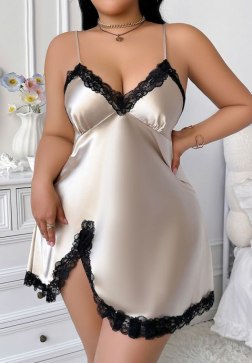 Stylish Beige Satin Nightdress with Lace Detailing