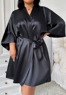 Stylish Black Satin Robe with Wide Sleeves