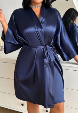 Comfortable Navy Blue Satin Loungewear Robe