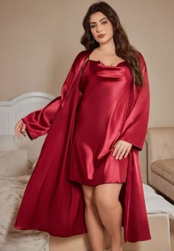 Pretty Red Satin Loungewear Slip with Robe