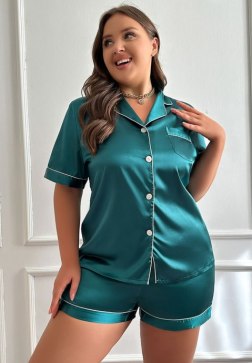 Trendy Teal Satin Button-Down Sleep Set