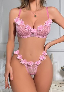 Delicate Pink Lace Bra Set with Flower Embellishment
