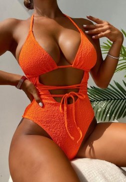 Bold Orange Textured One-Piece Swimsuit with Cut-Out Detail