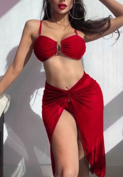 Eye-Catching Red Swimsuit with Knot Skirt