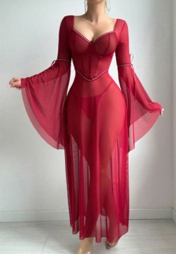 Bold Red Sheer Gown with Flared Sleeves