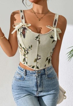 Charming Floral Corset Top with Bow Straps