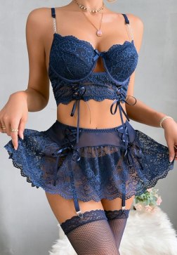 Seductive Navy Blue Lace Set with Ruffle Skirt