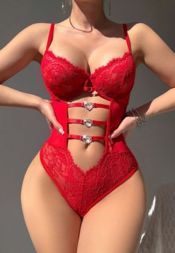 Bold Red Lace Bodysuit with Heart Detailing
