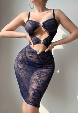 Bold Navy Blue Lace Dress with Cut-Out Detailing