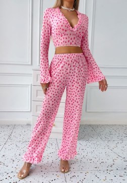 Charming Pink Heart Print Pajama Set with Ruffled Details
