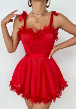 Alluring Red Babydoll with 3D Flowers