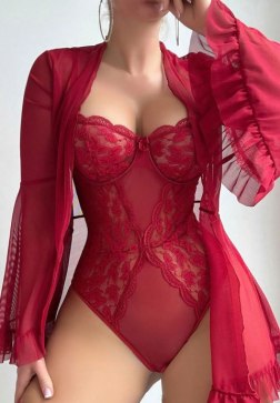 Seductive Red Lingerie Set with Ruffled Robe