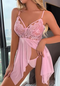 Pink Lace Chemise with Flowing Skirt and Adjustable Straps
