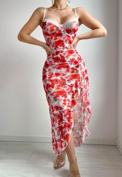 Red Floral Lingerie Dress with Slit