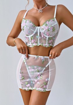White Floral Embroidered Lingerie Set with Mini Skirt